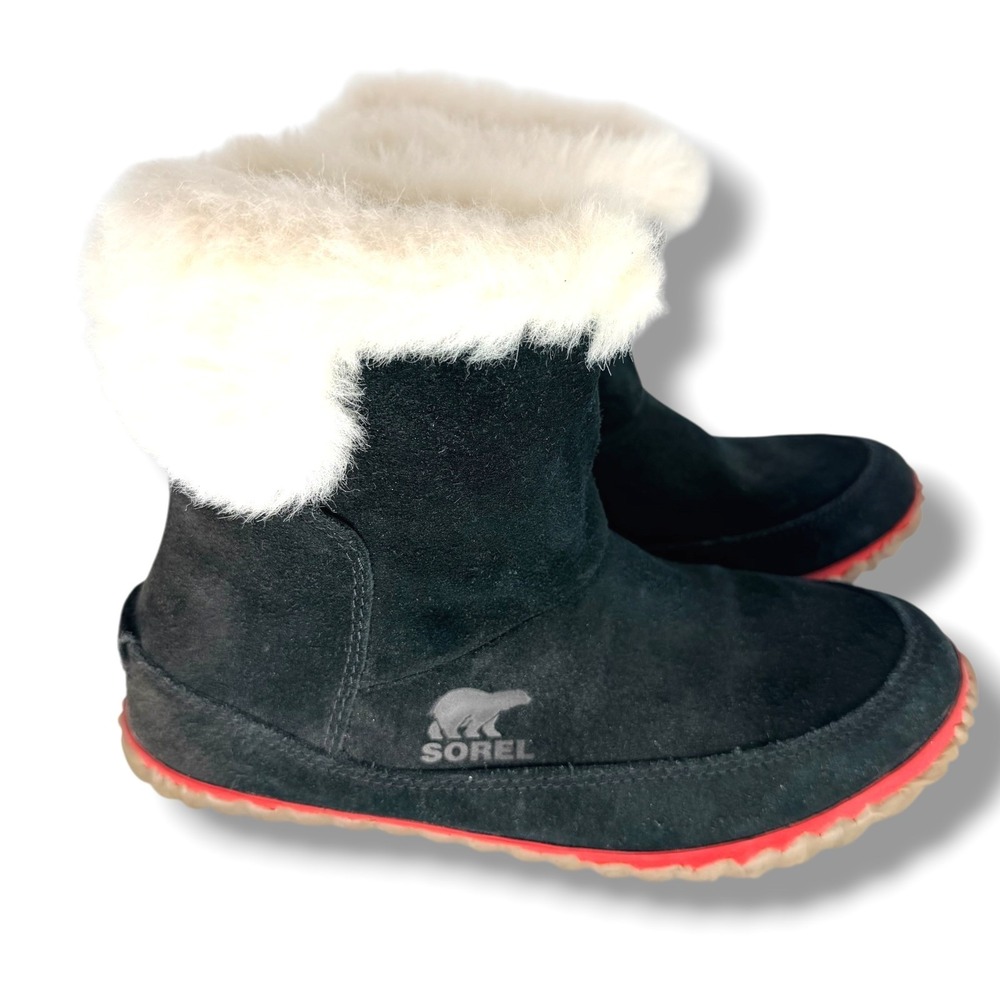 Sorel Out N About Womens 6.5 Black Suede Fur Cuff Slip On Ankle Boots NL3073